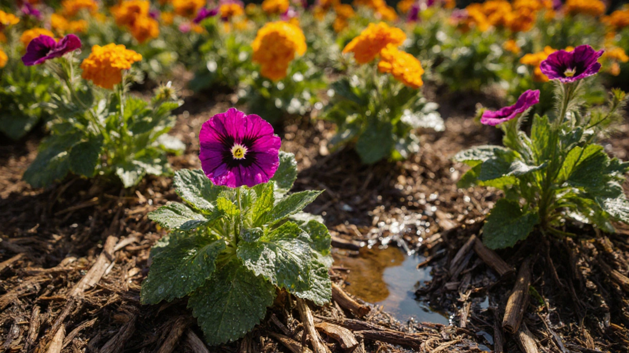 Цветущая клумба с мульчей, цветы посажены с правильным расстоянием, без сорняков.