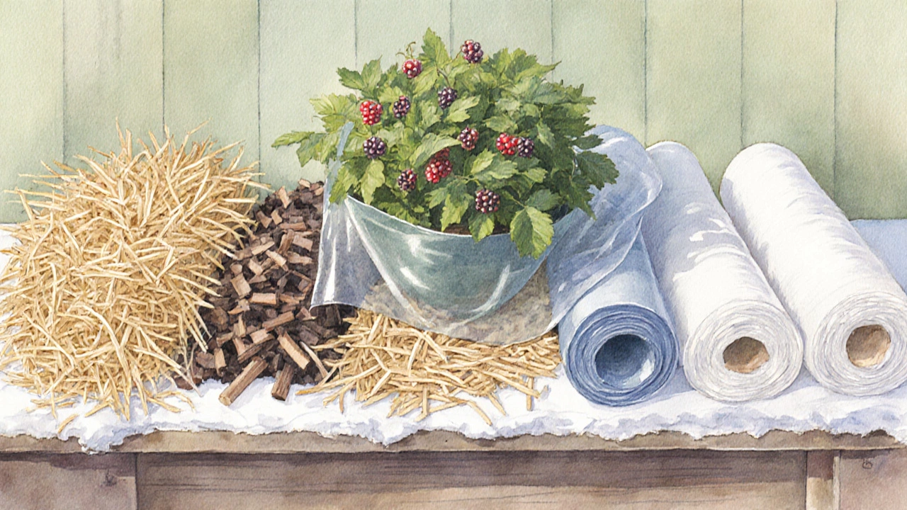 Набор материалов для зимней защиты: солома, опилки, мульча, ткань, пленка, маты.