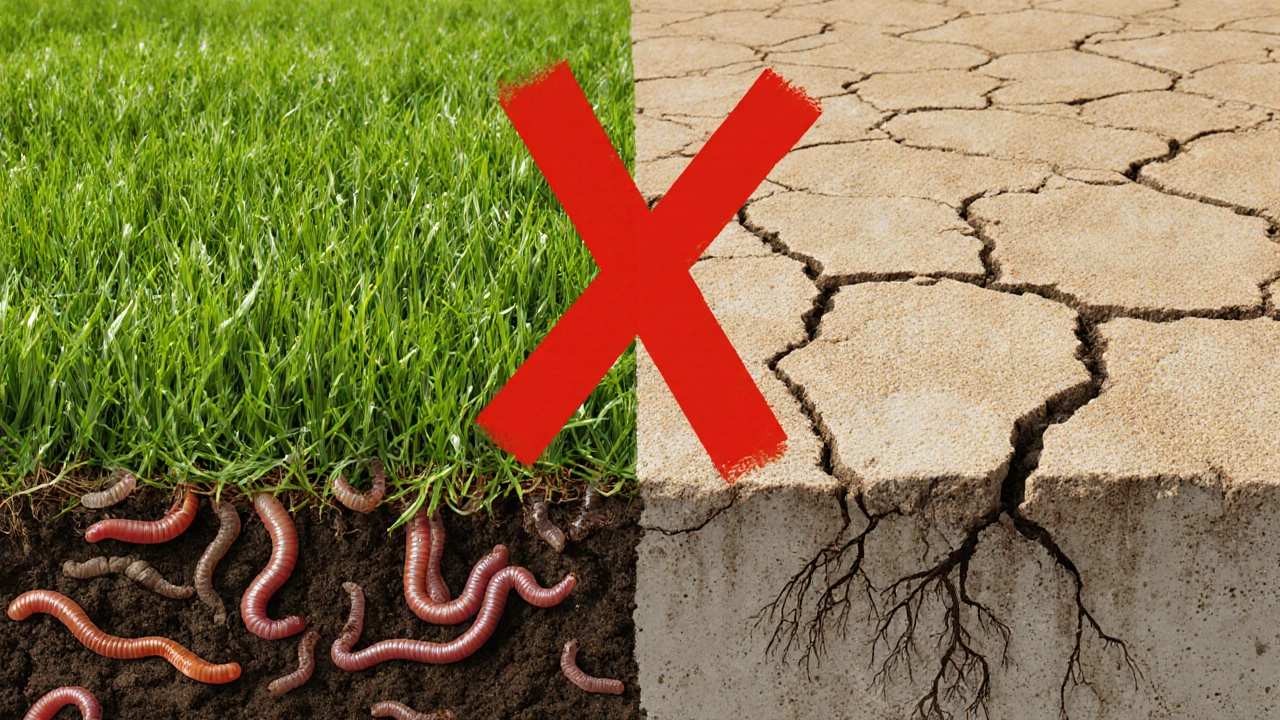 Разделенный ландшафт: слева — здоровый газон с компостом, справа — мертвый газон под песчаной коркой.