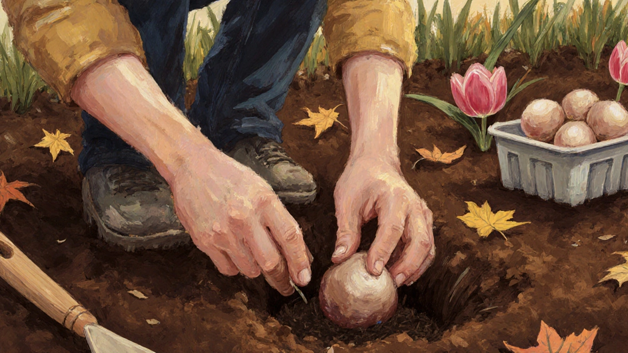 Руки сажают тюльпаны осенью, на дно лунки виден дренаж из керамзита.