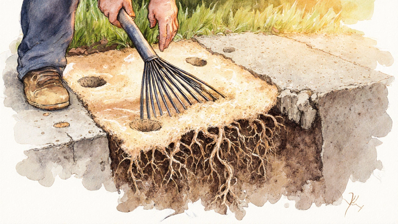 Садовник равномерно распределяет крупнозернистый песок в отверстия после аэрации, корни видны под поверхностью.