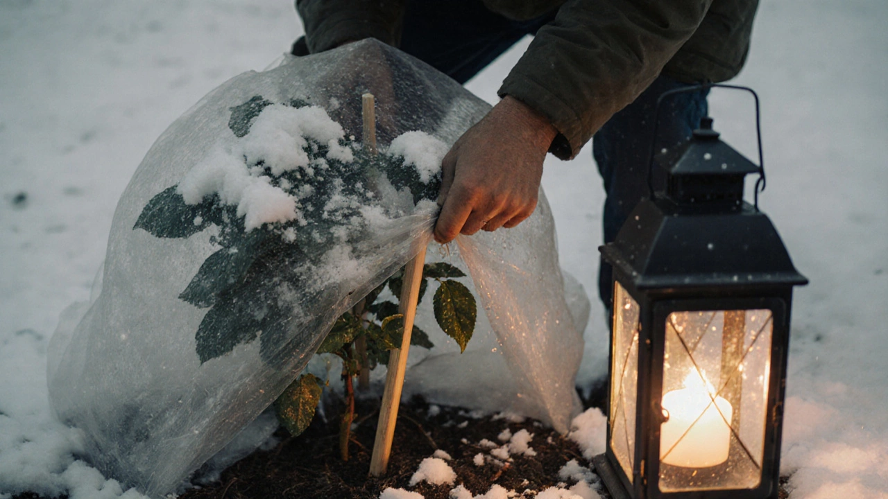 Садовник закрепляет покрытие на розе после снегопада с лампой света.