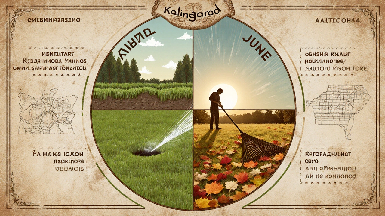 Сезонный календарь ухода за газоном: аэрация, полив, посев и уборка листьев в стиле старинной карты.