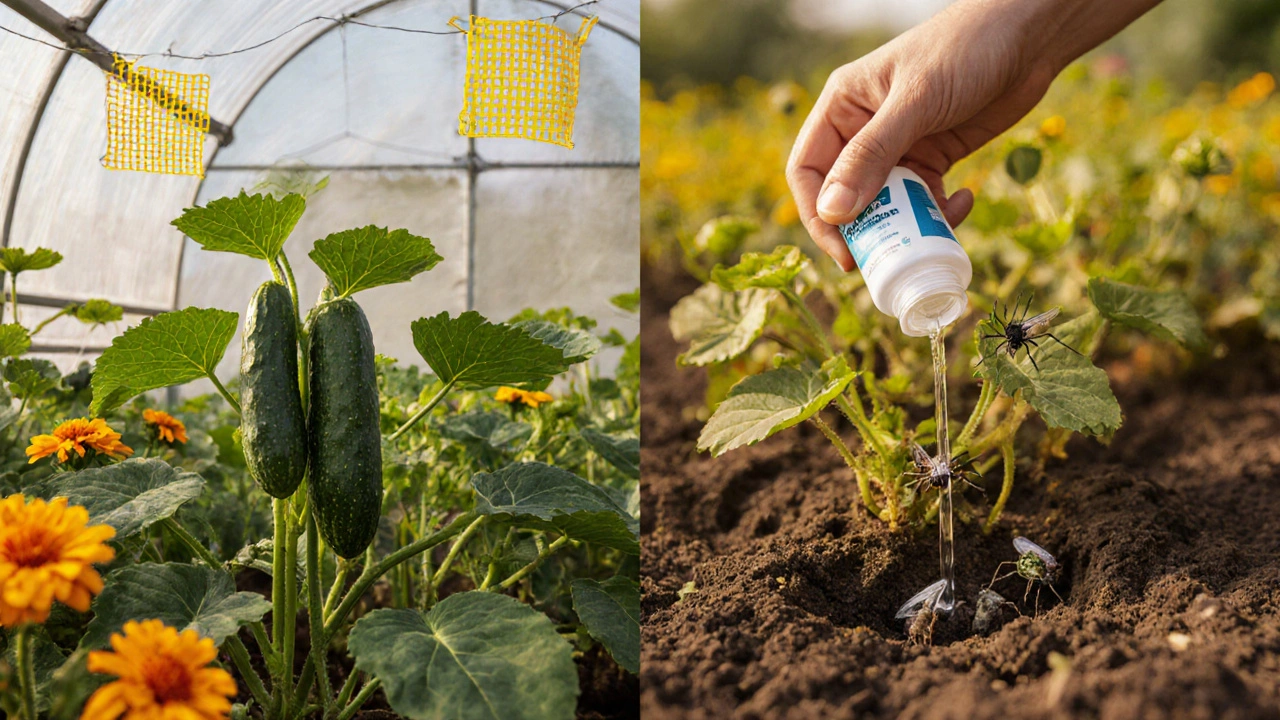 Сравнение здорового и поражённого огурца в теплице с ловушками и раствором.