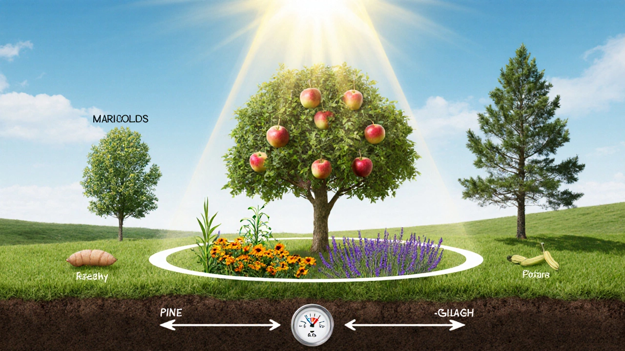 Яблоня окружена полезными растениями, вдали — вредные культуры, солнечный свет подчёркивает зону защиты.