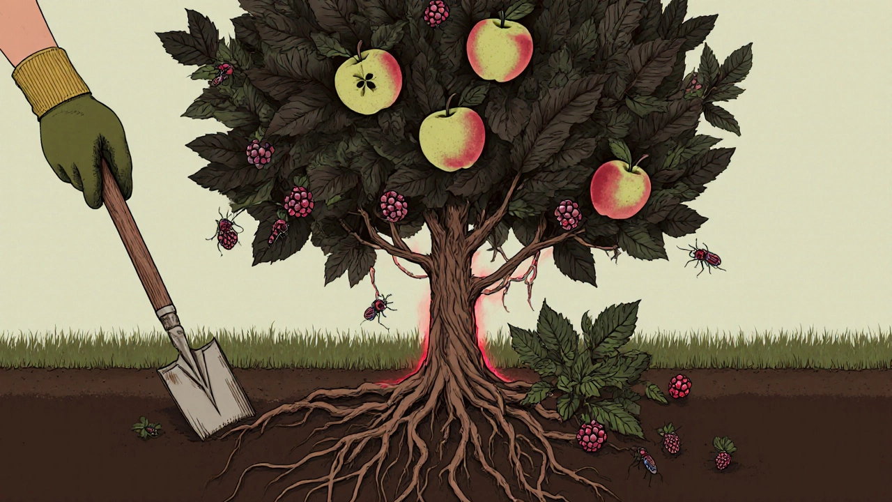 Яблоня с поражёнными листьями, вокруг которой растут малина и смородина, привлекающие вредителей.