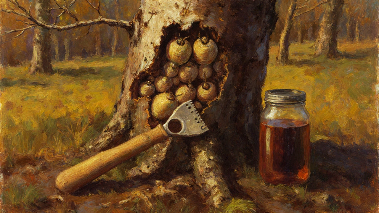 Бревенчатый скребок счищает отслаивающуюся кору с яблони, обнажая вредителей.