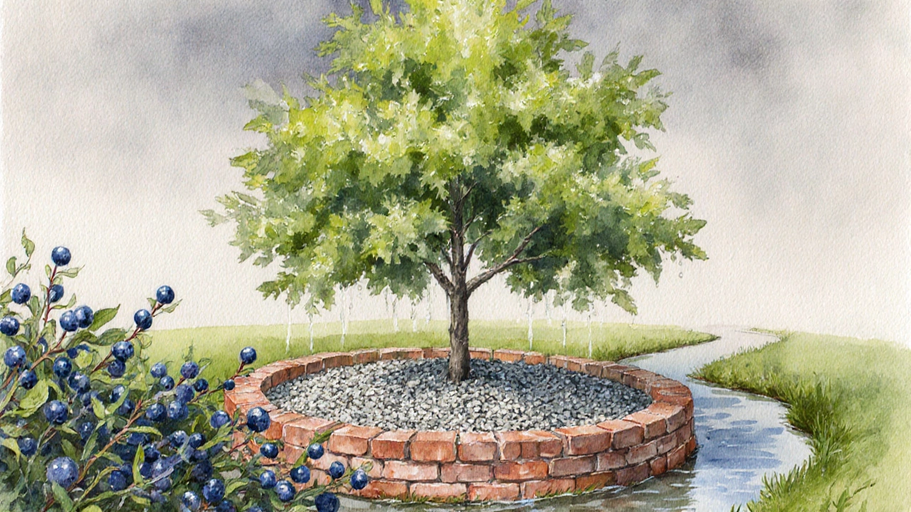 Черешня на возвышенности с дренажем из щебня, рядом — ирга с темными ягодами и дождевыми каплями на листьях.