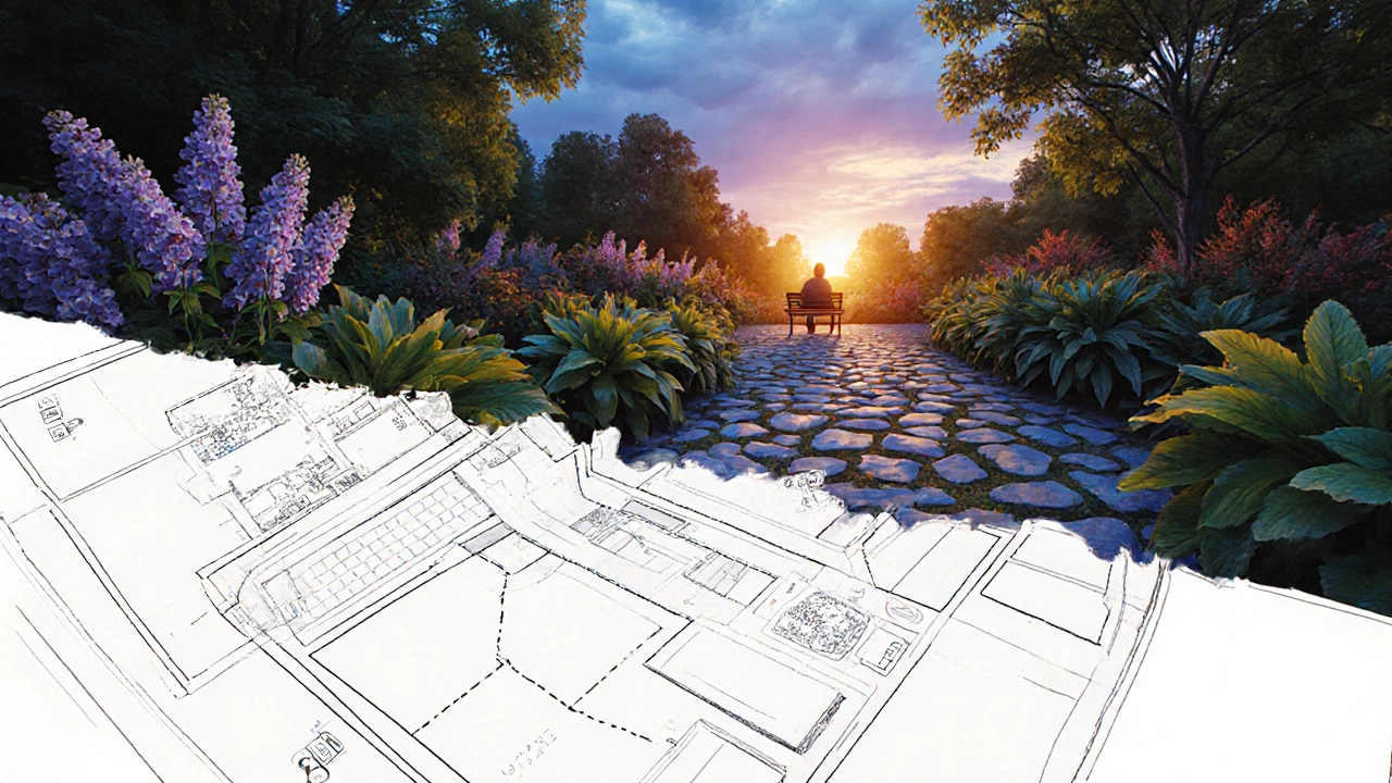 Чертёж сада постепенно превращается в живой пейзаж при закатном свете.