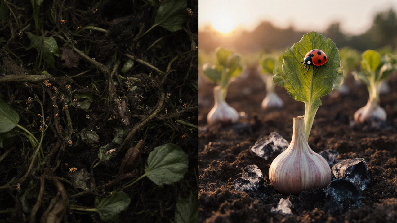 Два мира: хаос сорняков и тли слева, чистота и природная защита справа.