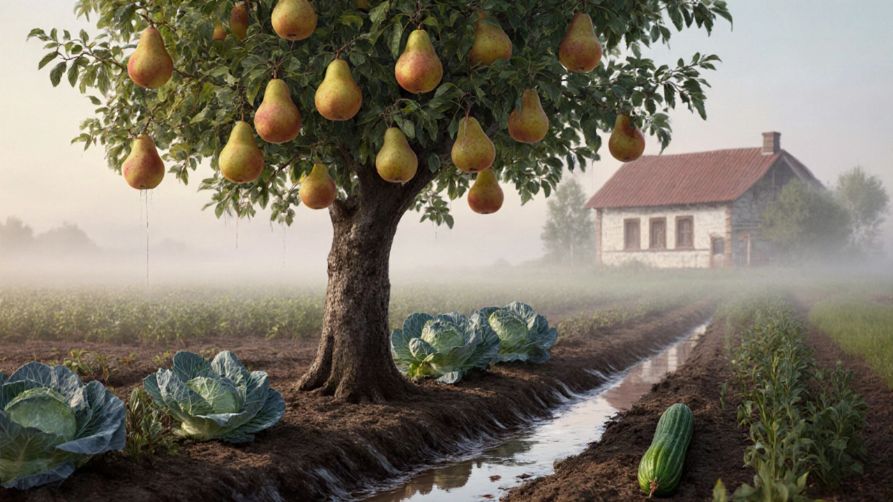 Груша с сочными грушами растет рядом с огородом, вода стекает от капусты к ее корням.
