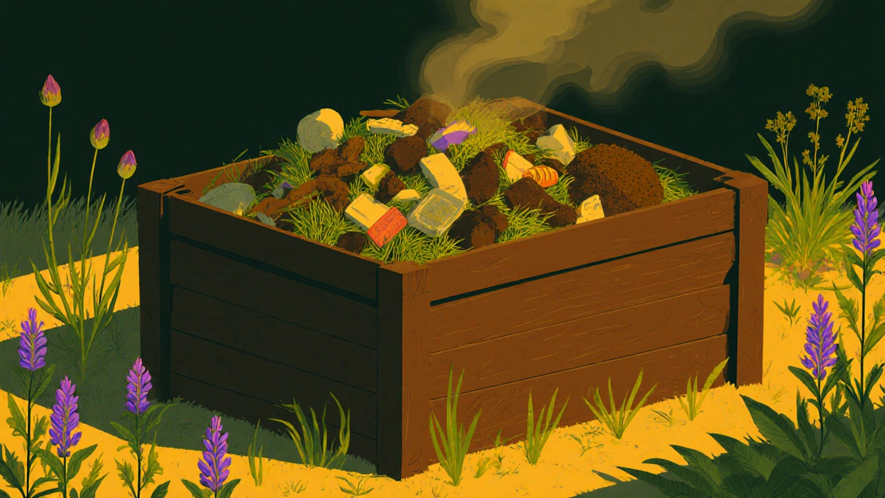 Компостная куча с кухонными отходами, кофейной гущей и сидератами под осенним солнцем.