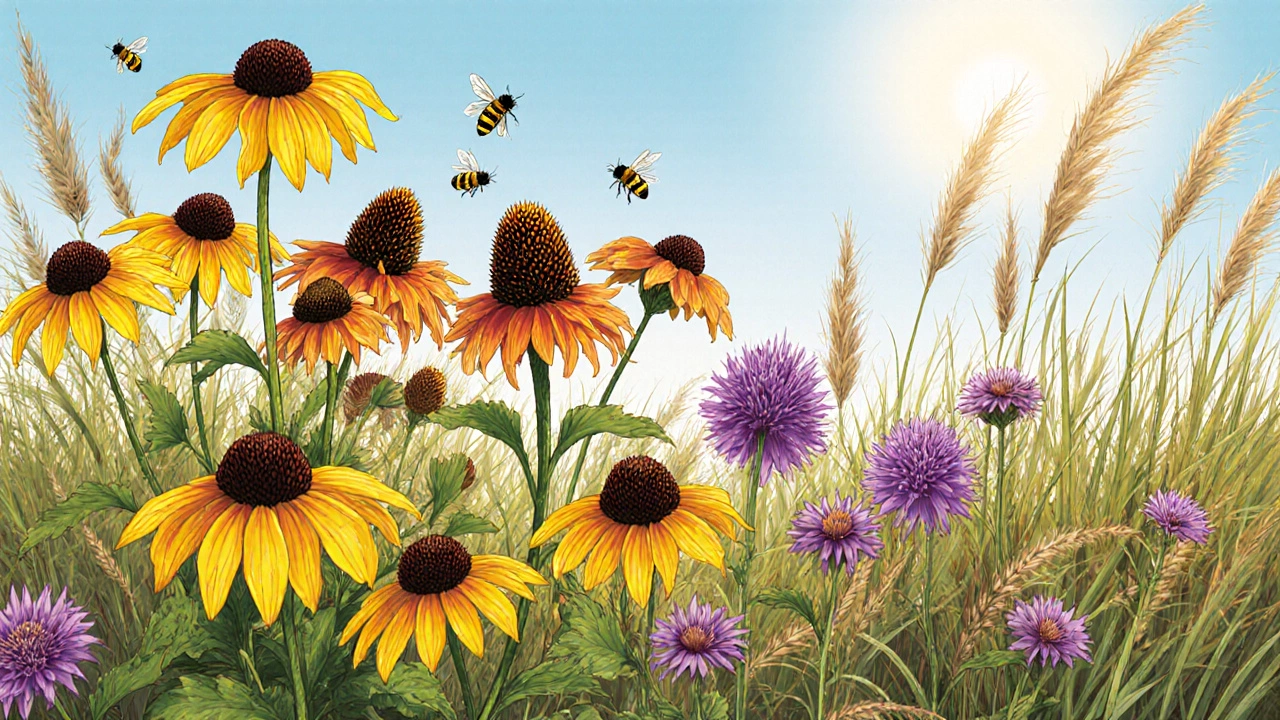 Летняя клумба с рудбекией, эхинацеей и гвоздикой, привлекающая пчёл под ярким солнцем.