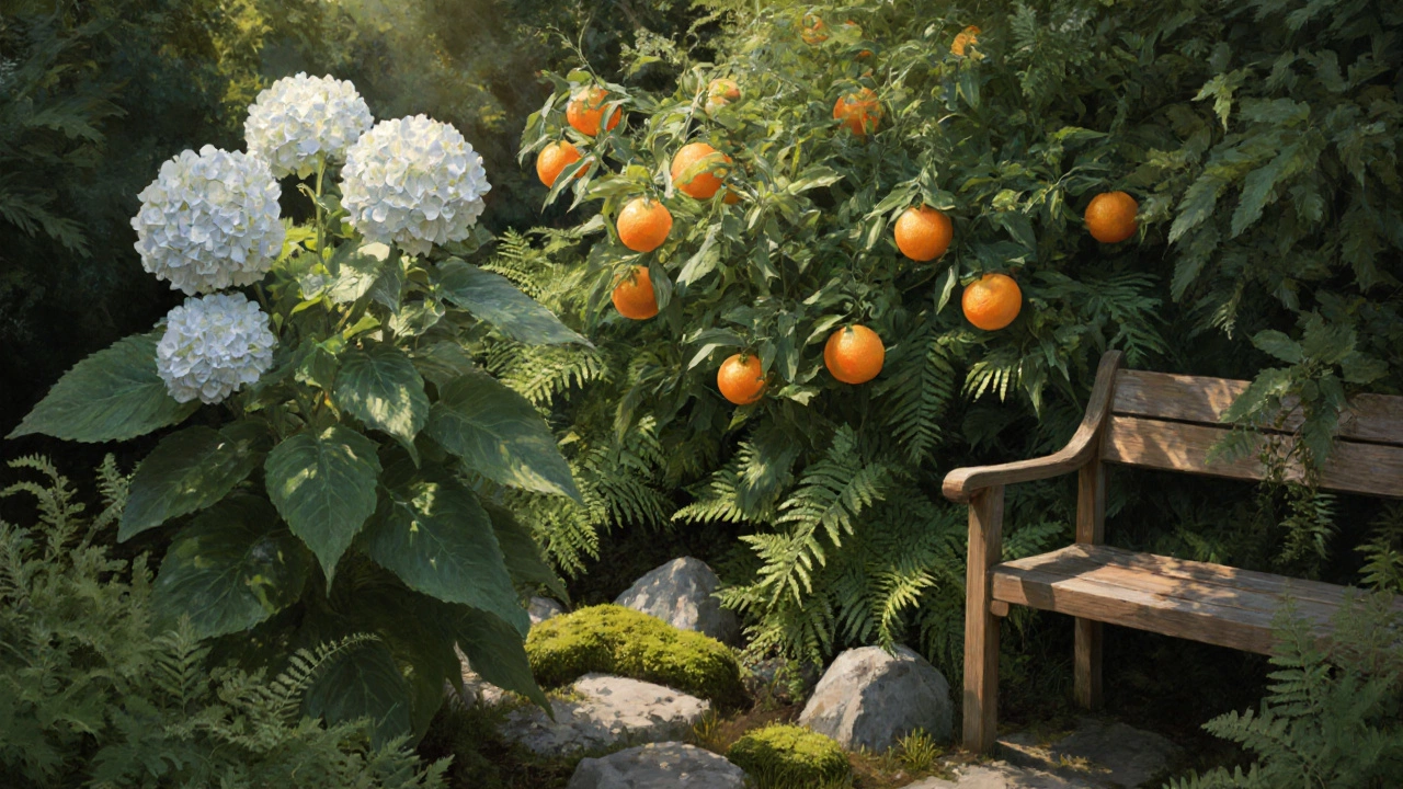 Летний уголок с гортензией и чубушником в полутени, цветы и листва в мягком свете.