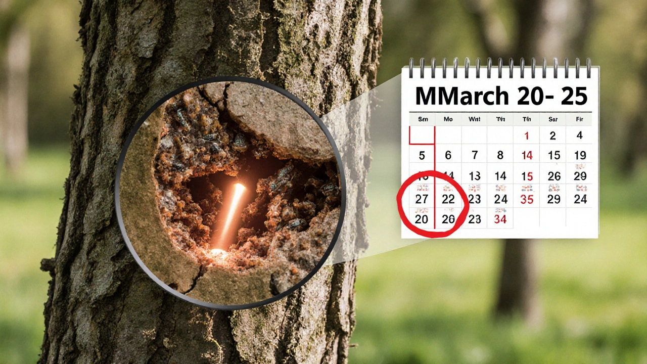 Микро-вид коры дерева с грибковыми спорами и проникающим раствором медного купороса.