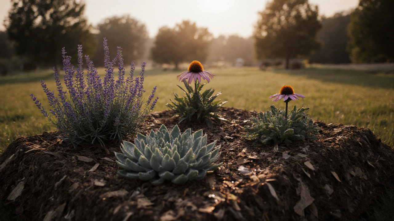 Минималистичная клумба из выносливых многолетников на возвышенности с мульчей на рассвете.