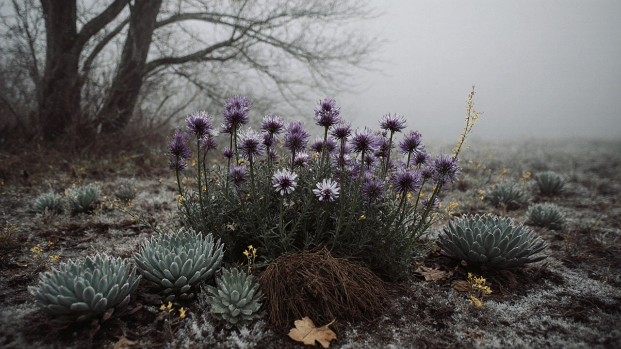Осенний сад с астрами и седумом на фоне тумана и легкого инея.