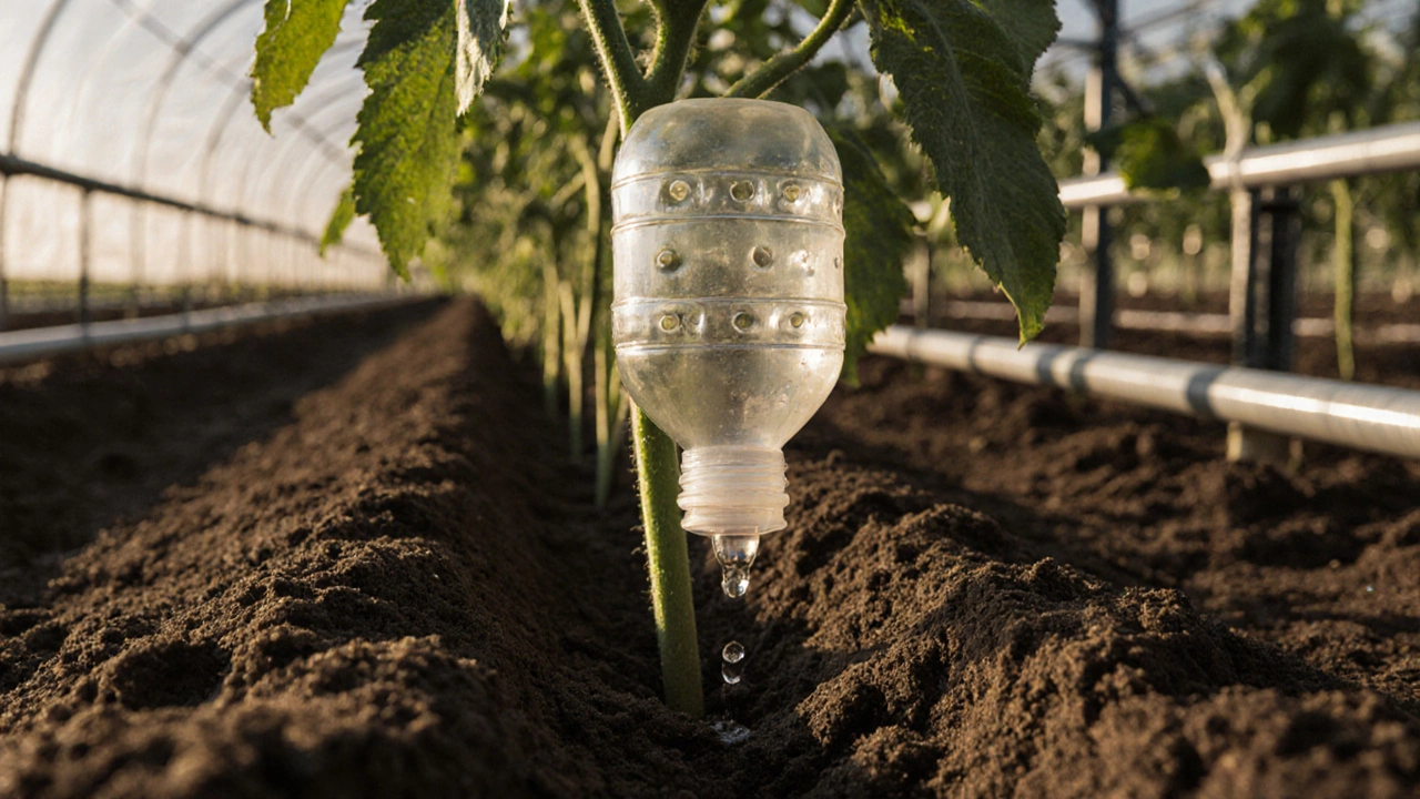 Пластиковая бутылка с дырками медленно капает воду прямо к корням помидоров в теплице.