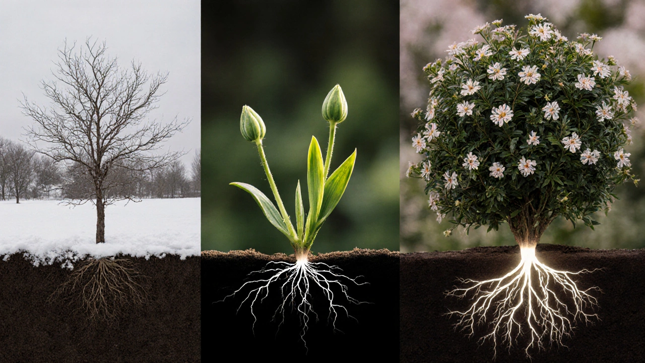 Последовательность восстановления растения после мороза: от сухих веток до цветущего куста.