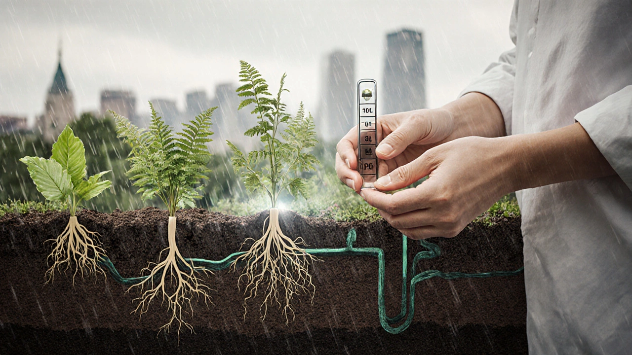 Руки дизайнера держат образец почвы с прозрачными данными о дренаже и подходящих растениях, на фоне дождливого неба Калининграда.