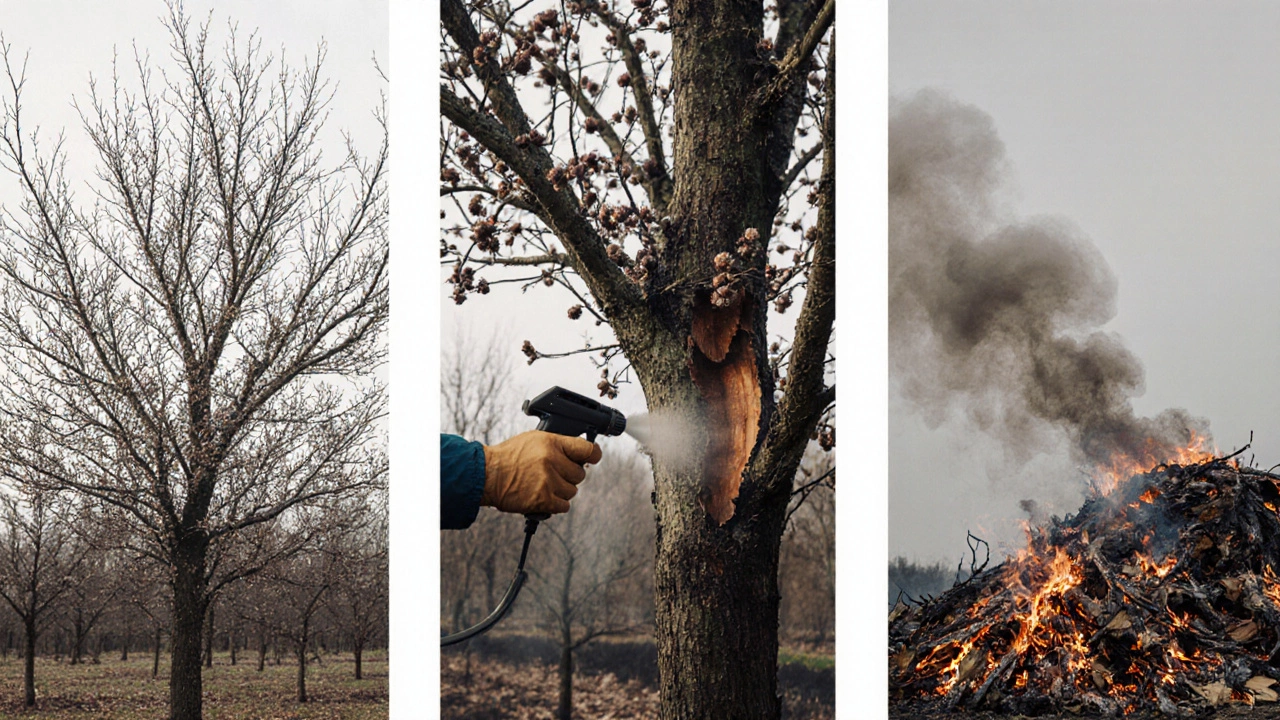 Сад в Калининграде весной: обработка деревьев, сжигание опавших листьев и сухих веток.