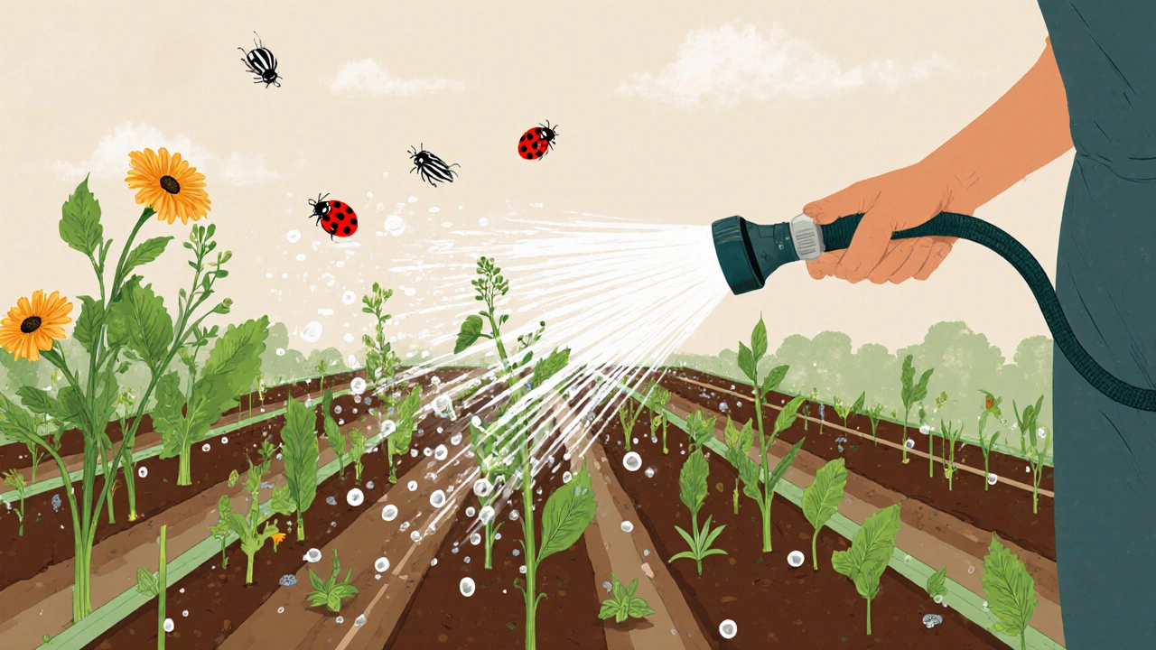 Садовник опрыскивает растения струёй воды, рядом летают божьи коровки и златоглазки.