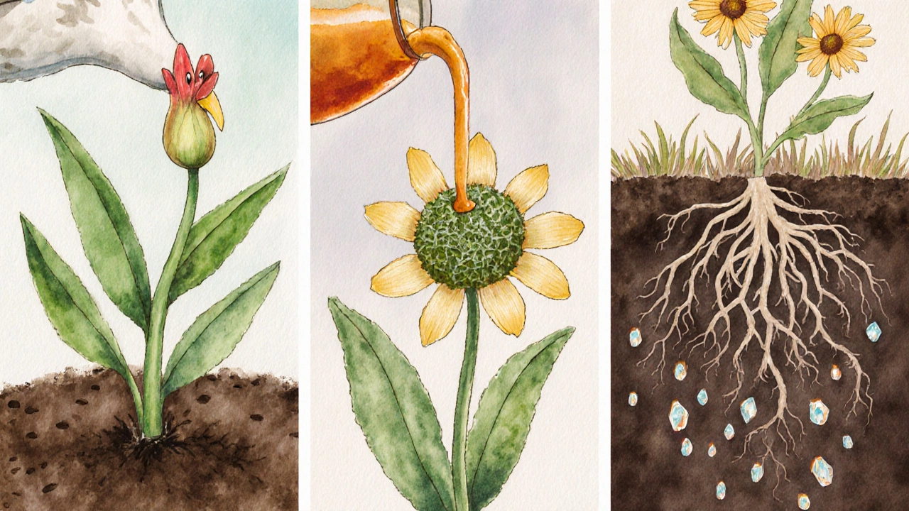 Сезонные удобрения для цветов: азот весной, калий летом, фосфор осенью.