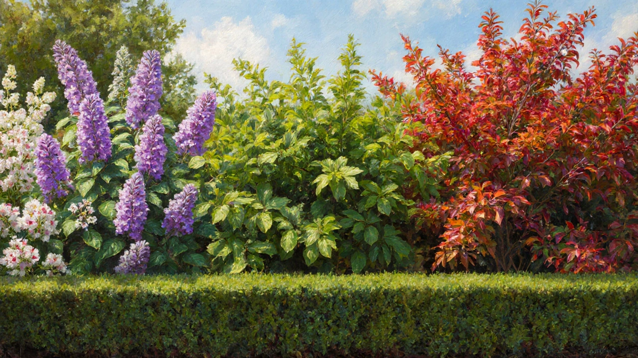 Сезонный переход сада: весенние цветы, летняя зелень и осенние краски вдоль живой изгороди.