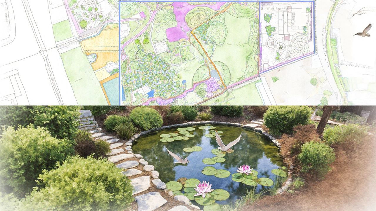 Сравнение цифрового плана сада и его реального исполнения в водяных красках.