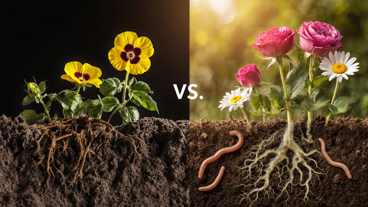 Сравнение здоровой и бедной почвы: рыхлая с цветами против тяжелой с пожелтевшими растениями.