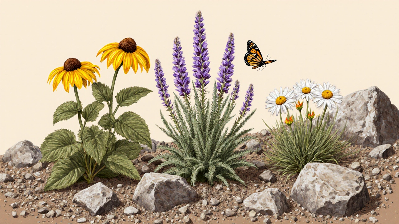 Сухой каменистый сад с рудбекией, шалфеем и кореопсисом среди гравия и камней.