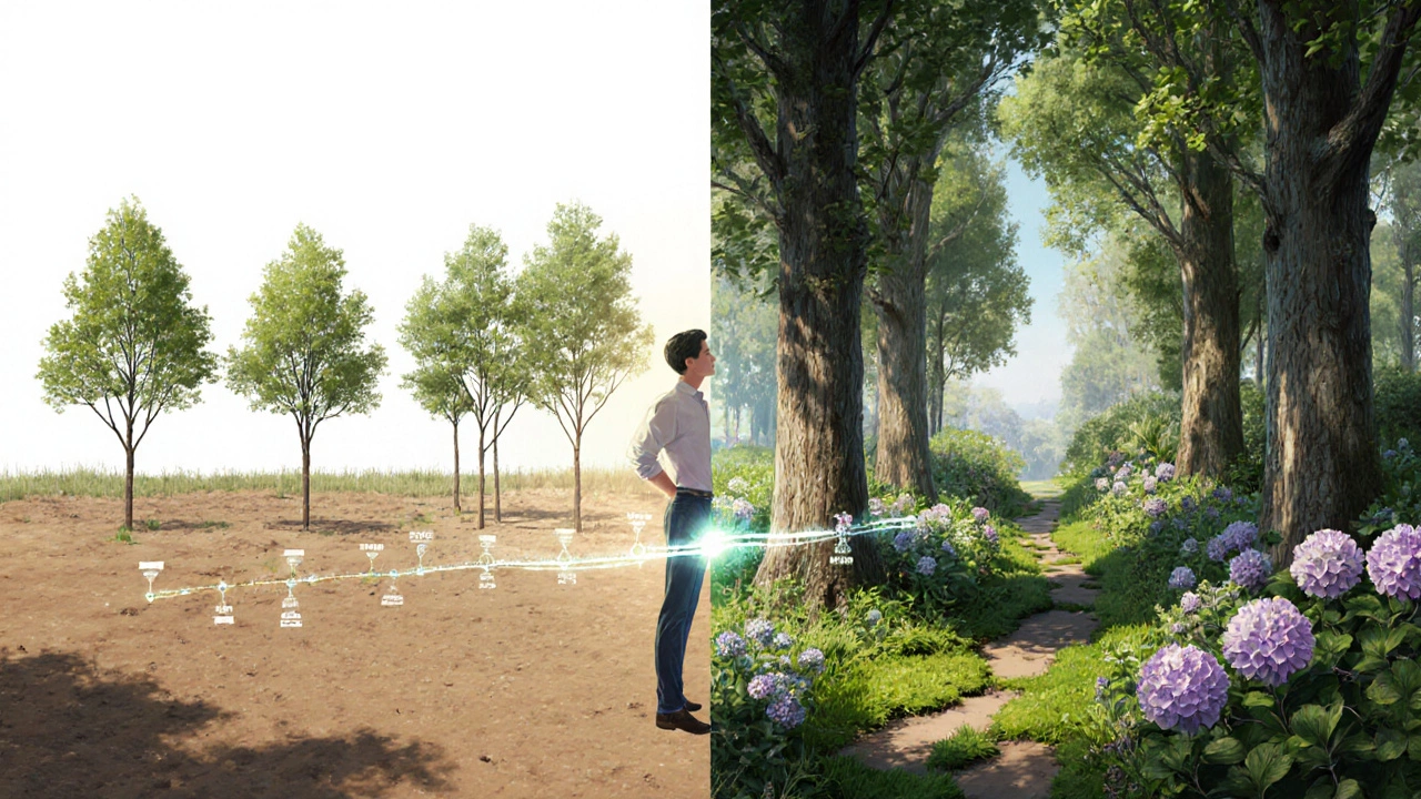 Воображаемый рост сада: от молодых саженцев до зрелого ландшафта с лиственницами и мхами, показанный как трансформация во времени.