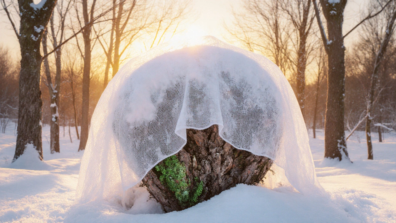 Замерзший куст под легким укрытием из спанбонда, снег вокруг основания.