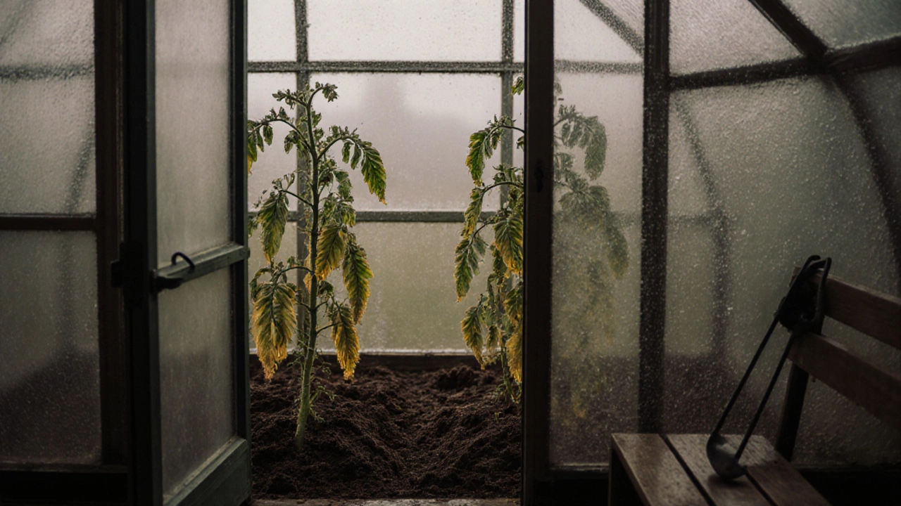 Желтеющие помидоры в теплице с рыхлой землей вокруг, дверь открыта, влажный туман внутри.