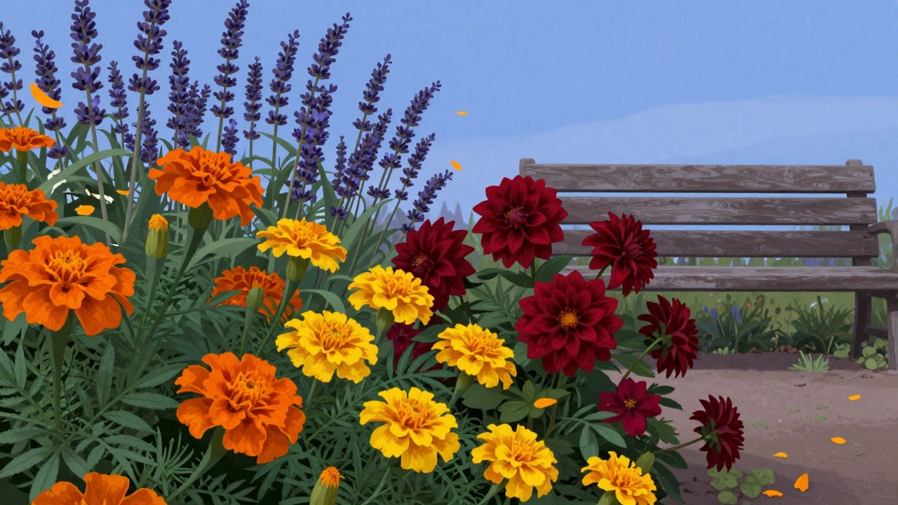 Яркая клумба с бархатцами, георгинами и лавандой на фоне закатного неба.