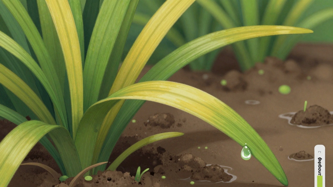 Близкий план травы с желтыми листьями и зелеными жилками, на которую падает капля железа.