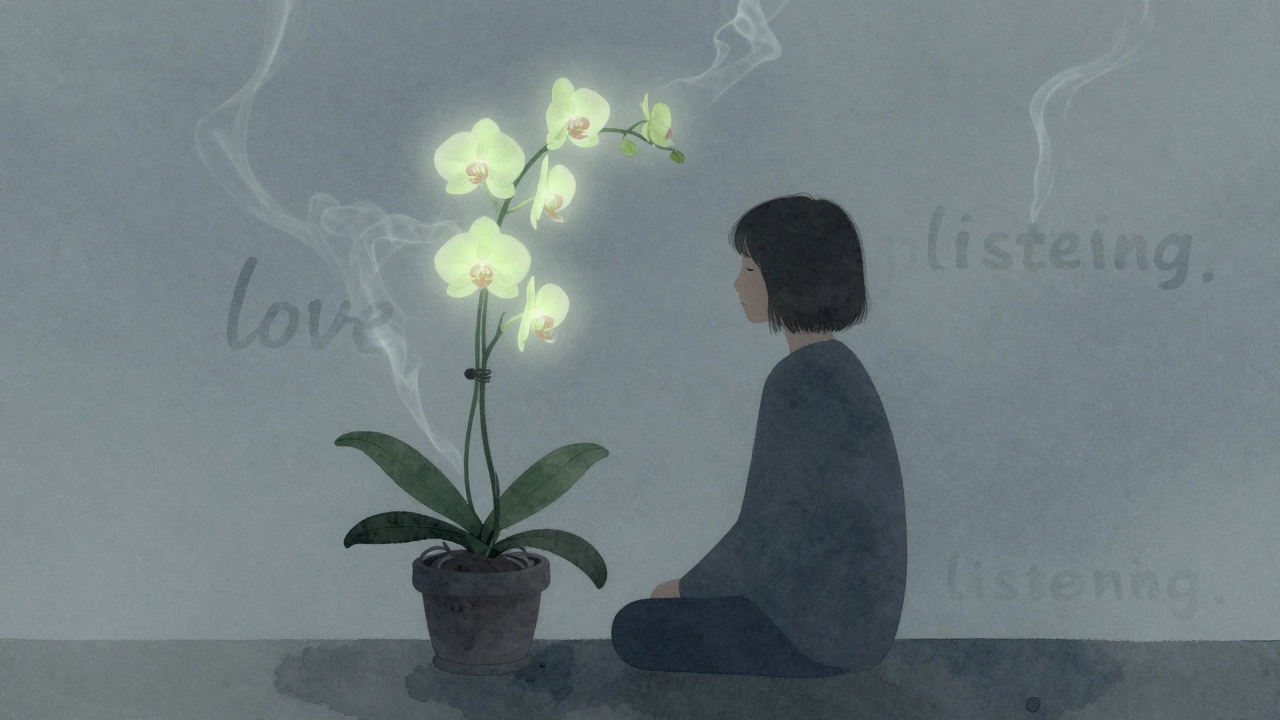 Человек сидит рядом с орхидеей, вокруг — слова любви и терпения, как дым.