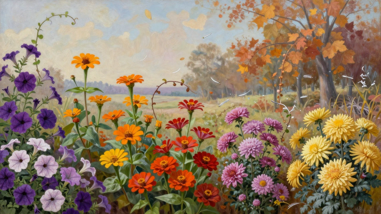 Цепочка цветов от июня до октября, показывающая непрерывное цветение в саду.