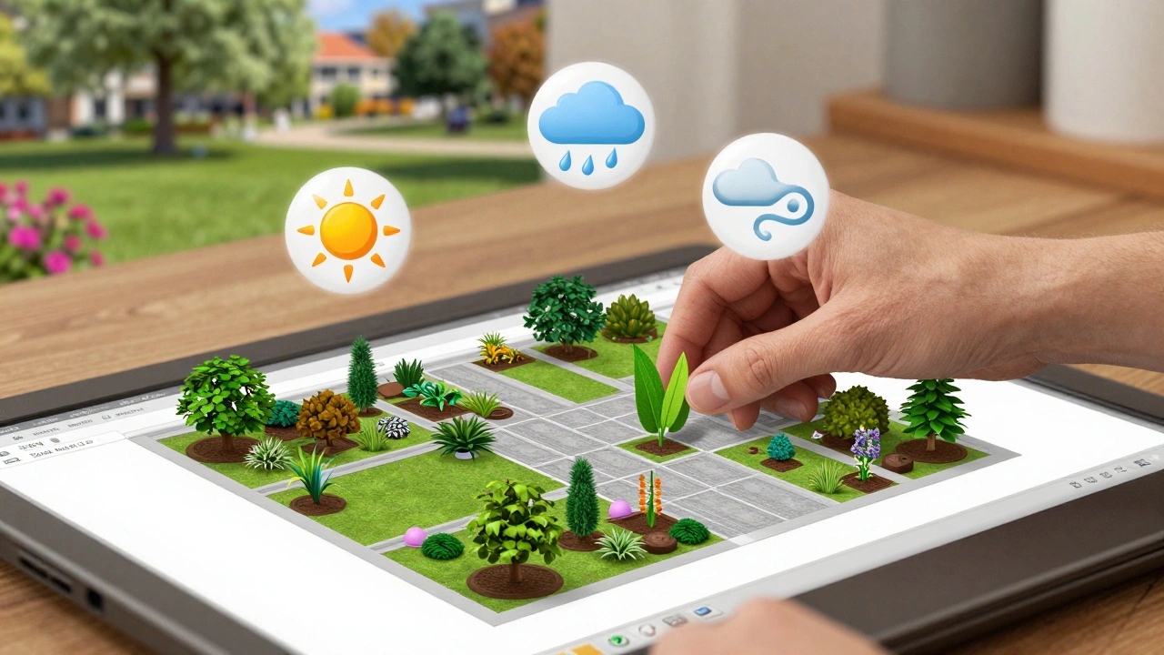 Цифровая визуализация сада: растения перетаскиваются на план участка в программе, вокруг — символы солнца и дождя.