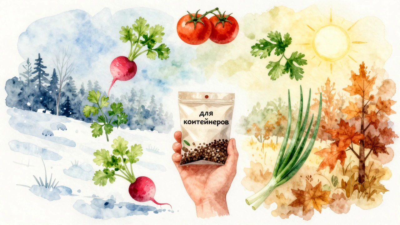 Круговая композиция из домашних овощей и семян, символизирующая цикл выращивания на подоконнике.