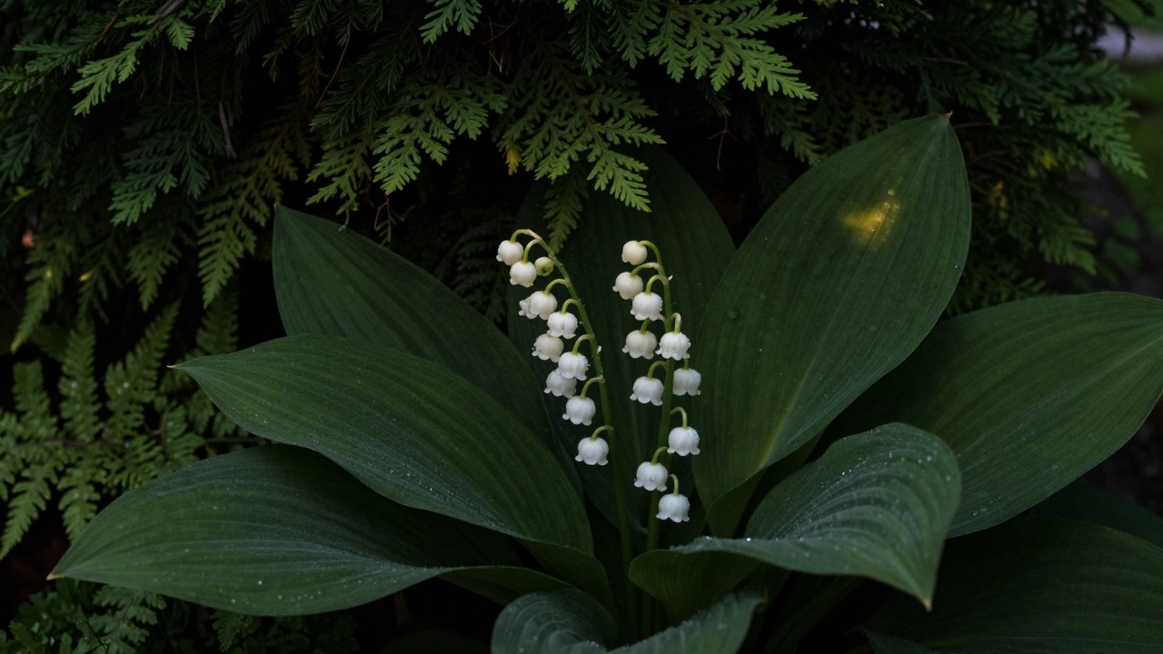 Крупный план ландыша в полной тени под елью, белые колокольчики едва освещены рассеянным светом.