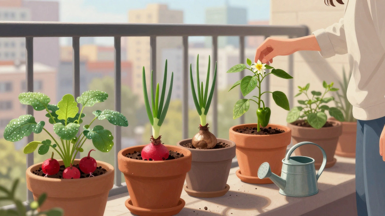 На балконе в Москве растут редис, лук и перец, женщина ухаживает за растениями.