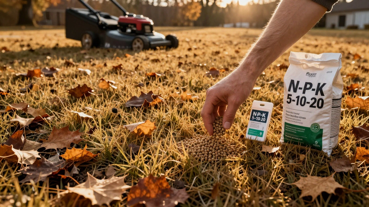 Осенний газон, подкармливаемый удобрением с высоким содержанием калия, рядом лежит доломитовая мука.