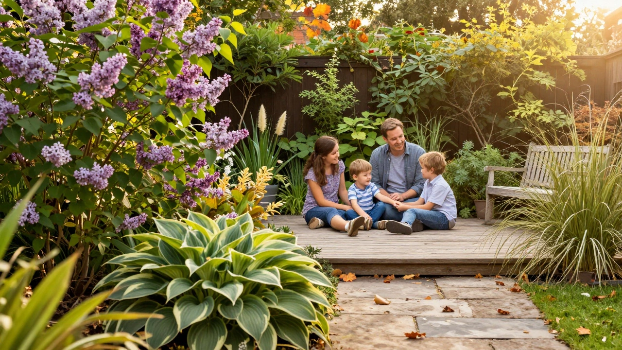 Семья отдыхает на террасе среди цветущих растений, каменная дорожка ведет к скамейке, осенние листья падают вокруг.