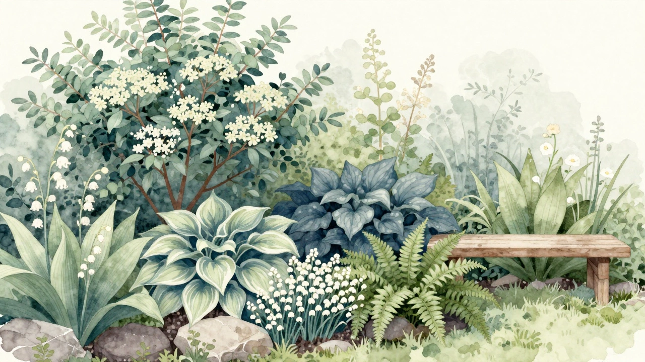 Слоистый тенистый сад с бузиной, хостами, баданом и ландышами, мягкие холодные тона в водяных красках.
