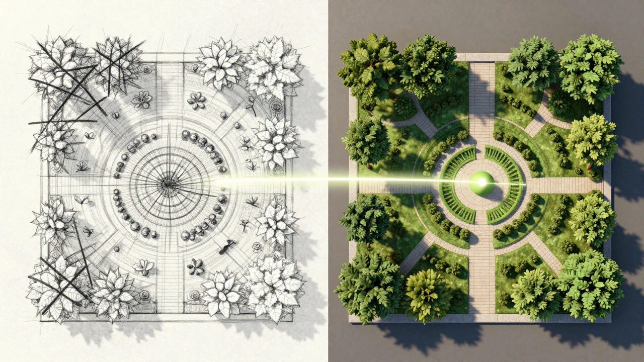 Сравнение хаотичного ручного чертежа и идеального цифрового плана сада.