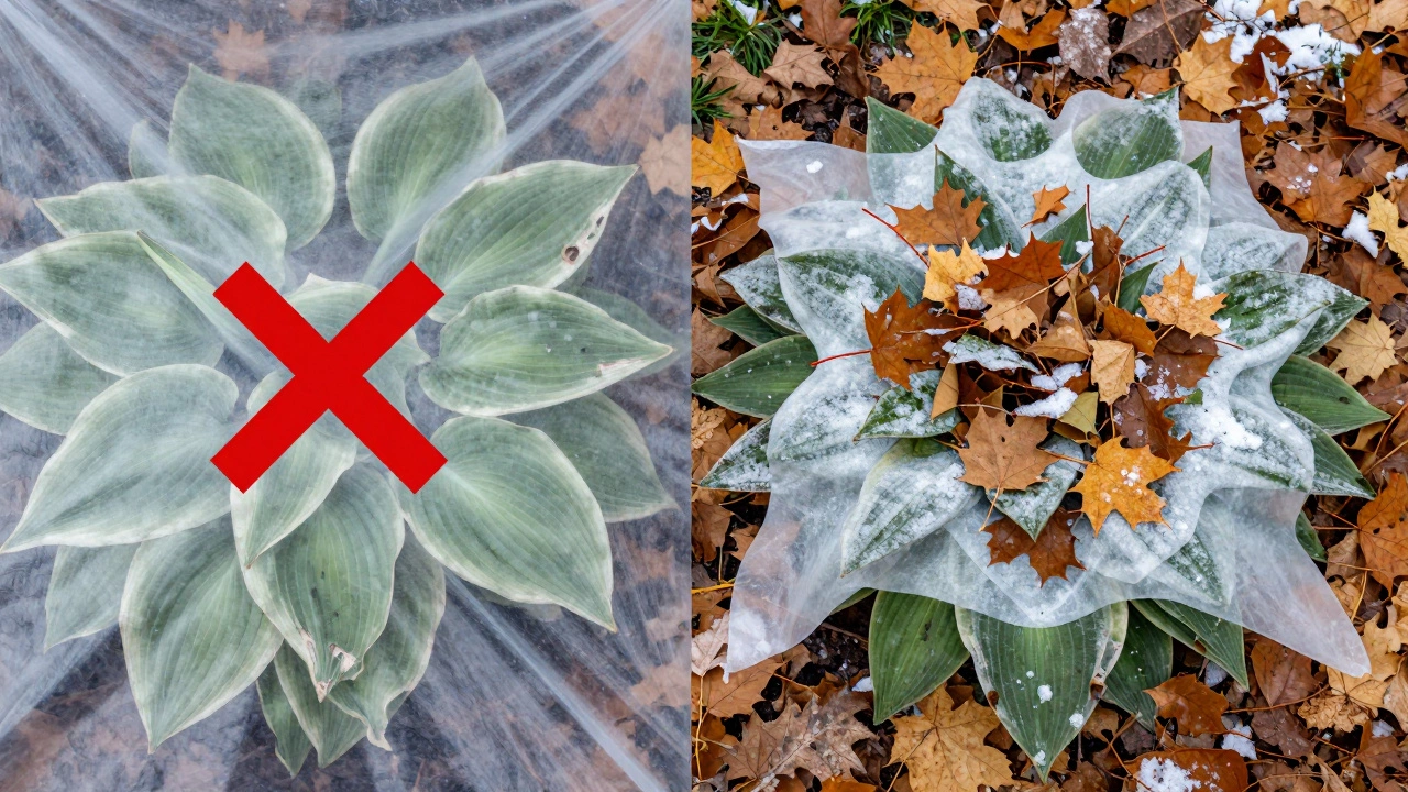 Сравнение: повреждённые хосты под плёнкой и здоровые под сухими листьями.