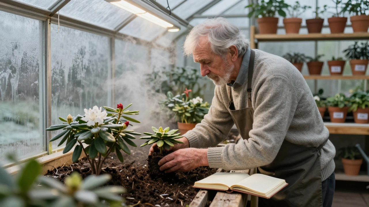 Старый садовник ухаживает за редкими рододендронами в теплице под лампами.