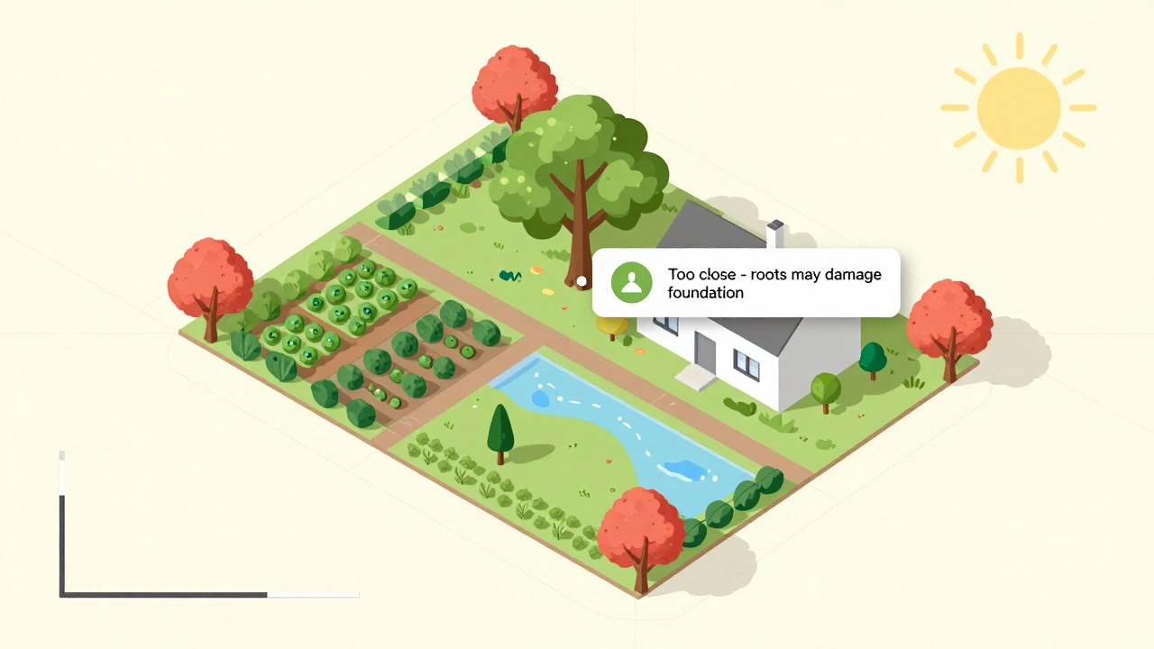 Вид сверху на цифровой план сада с цветными зонами и предупреждением о слишком близком дереве.
