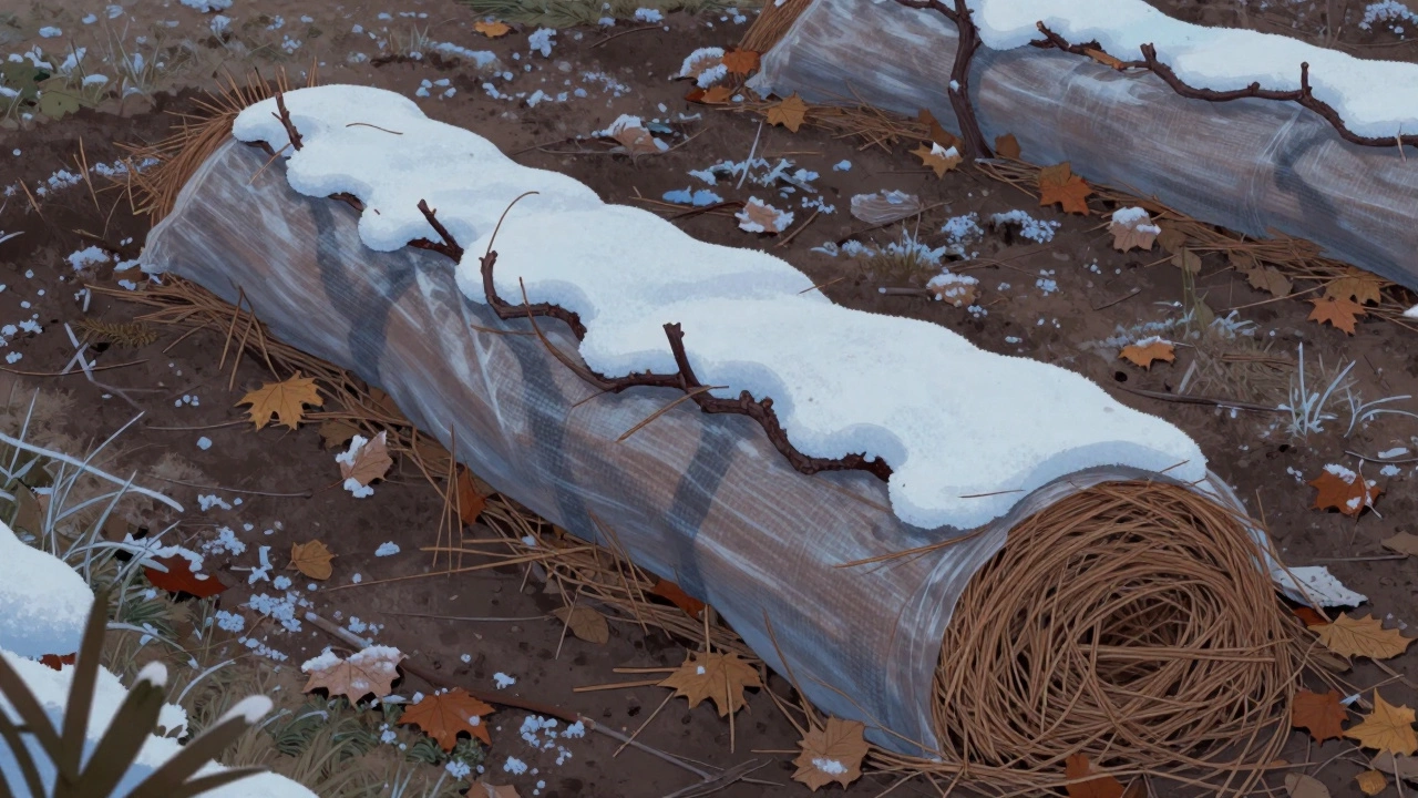 Виноградная лоза лежит на земле, укрыта хвоей и спанбондом, сверху — снег.